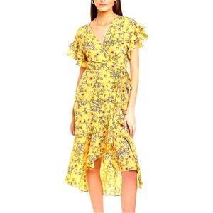 Max Studio yellow floral flutter sleeve wrap midi dress, S